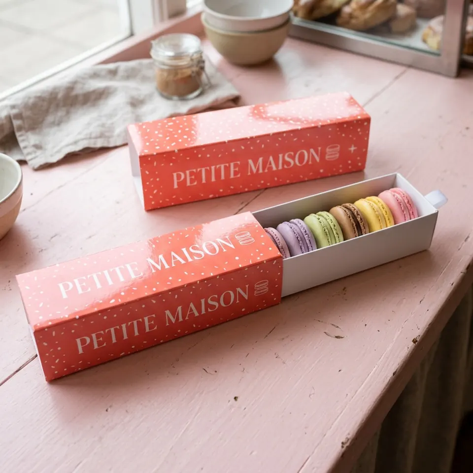 Custom printed macaron boxes with a logo